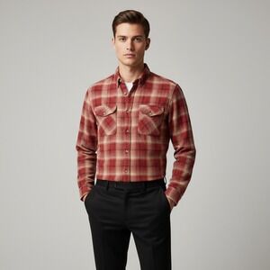 Roark Mens Flannel Shirt Red Beige Plaid Button Up Long Sleeve Casual Size XL